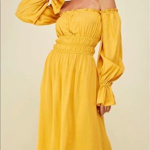Yellow Off Shoulder Smocking Midi Dress - 100% Cotton, Tired Bell Sleeves,